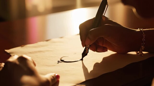 A woman gracefully writes with a fountain pen on an old piece of parchment, capturing her thoughts in the soft light. The warm glow enhances the meaningful writing process, creatin