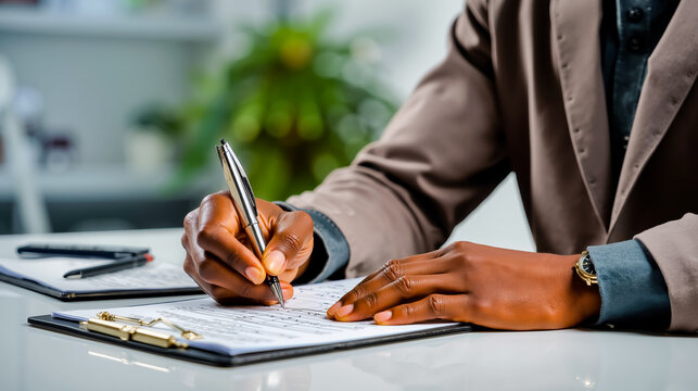 A person in a suit is writing on a clipboard with a pen