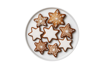 Gingerbread star cookies on a plate isolated on transparent background, top view