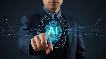 Artificial intelligence concept businessman touches AI icon with brain and fingerprint