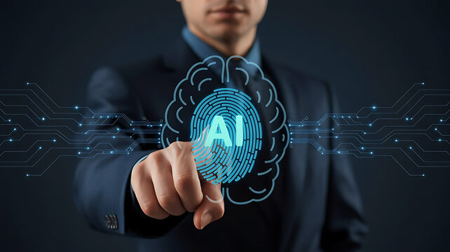 Artificial intelligence concept businessman touches AI icon with brain and fingerprint