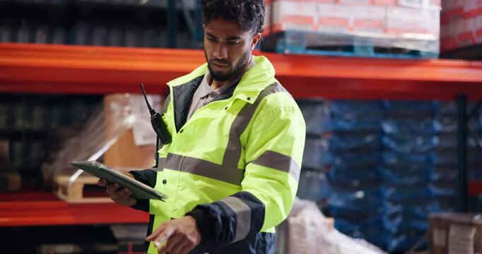 Inventory, logistics and tablet with man in plant for delivery, distribution or shipping manifest. App, checklist and stock with person in supply chain depot for planning or storage management