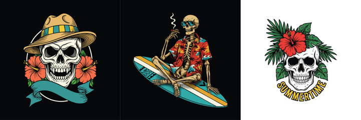 Skeleton Surfer with Tropical Flower and Skull Emblem