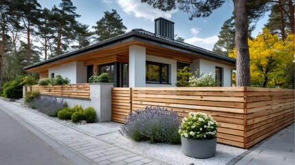 Modern suburban house featuring wooden fence and landscaped garden