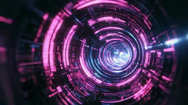 Abstract cyber tunnel with vibrant neon lights moving