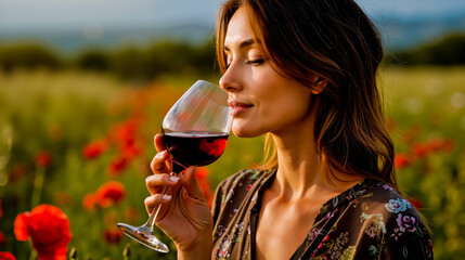 A woman in a floral dress is holding a glass of red wine and smelling it with a field of red flowers in the background