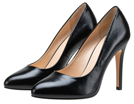 Classic Black Stiletto Heels Side View, Glossy Leather Finish, Isolated on Transparent Background