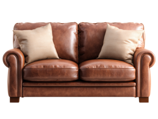 Classic brown leather sofa with two cushions in a cozy home interior style isolated on transparent background