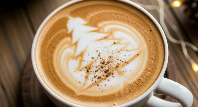 Close-up of Festive Coffee with a Cocoa Powder Christmas Tree and Snowflake Design, Garnished with Tiny Stars, Perfect for Winter Holiday Promotions