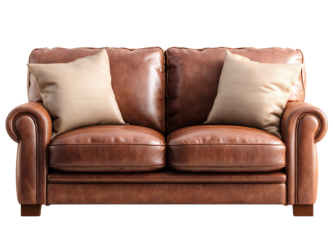 Classic brown leather sofa with two cushions in a cozy home interior style isolated on transparent background - Powered by Adobe