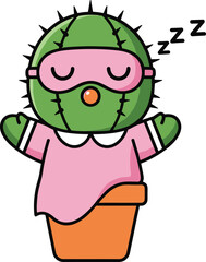 Sleeping cartoon cactus character in flower pot, whimsical plant illustration, cute bedtime design, humorous vector art, cozy night theme, playful concept