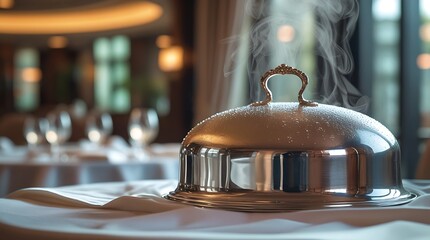 Hot steaming food served in a cloche at an upscale restaurant