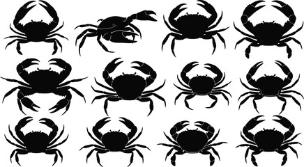crab, silhouette, icon, vector, black, marine, sea, ocean, animal, claws, shell, aquatic, creature, outline, design