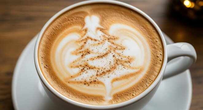 Close-up of Festive Coffee with a Cocoa Powder Christmas Tree and Snowflake Design, Garnished with Tiny Stars, Perfect for Winter Holiday Promotions