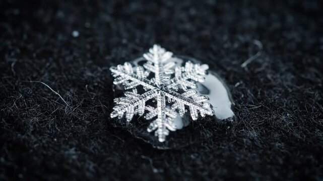 A pristine snowflake with intricate details rests gently on a dark, textured surface, reflecting light.