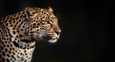 Obraz premium Leopard Portrait on Black Background - A striking portrait of a leopard against a black background, highlighting its beautiful coat and intense gaze
