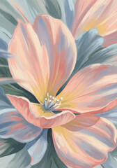 Abstract floral oil painting background with pastel peach and blue petals.