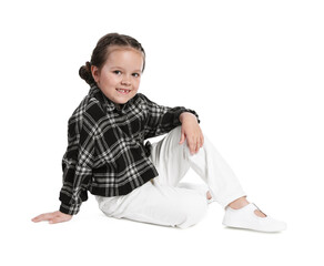 Little girl wearing stylish outfit and shoes on white background