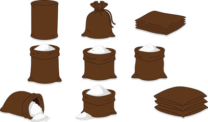 Sugar and salt packaging vector, brown sacks, containers, pouches, granular substance, realistic illustration, food storage, kitchen supply, commercial design