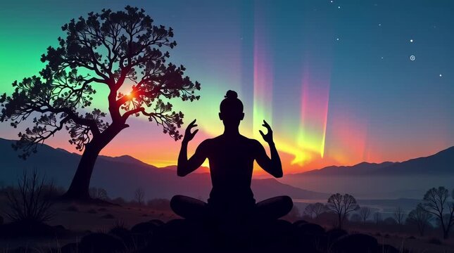 A serene digital painting depicts a silhouetted woman meditating in a lotus position against a vibrant sunset sky with colorful auroras, framed by a tree and rolling hills