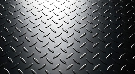 High Contrast Close Up Of Shiny Industrial Diamond Plate Metal Texture Background Featuring A Repeating Pattern Of Raised Steel Lozenges And Strong Reflective Highlights