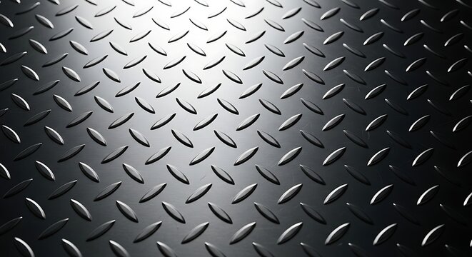 High Contrast Close Up Of Shiny Industrial Diamond Plate Metal Texture Background Featuring A Repeating Pattern Of Raised Steel Lozenges And Strong Reflective Highlights