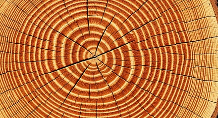 High Resolution Close-up of a Freshly Cut Tree Trunk Cross Section Revealing Detailed Concentric Annual Growth Rings and Rich Golden Brown Wood Grain Texture Background
