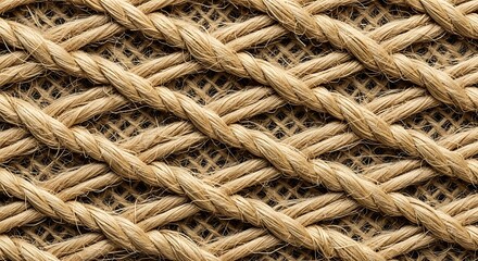 High Resolution Detailed Macro Texture View of Natural Jute and Sisal Ropes Expertly Braided and Woven Together Forming a Strong Interlocking Crisscross Diagonal Pattern Background