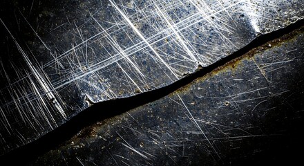 Intense Detail View Of A Heavily Scratched Dark Metallic Surface Featuring Numerous Bright Linear Marks And A Prominent Diagonal Split Creating A High Contrast Grunge Industrial Background T