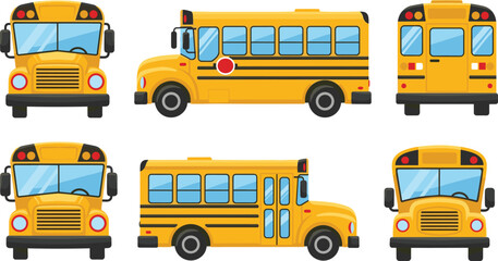 Yellow school bus vector illustration, multiple angle views, transportation vehicle design for education, children safety, traffic awareness, and public transit graphics © MSTIRIN