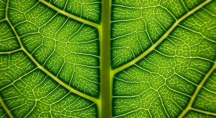 Detailed Close-up of a Vibrant Green Plant Leaf Showing the Central Midrib and Complex Vein Patterns Illuminated by Strong Backlight Creating a Beautiful Natural Texture and Abstract Backgro
