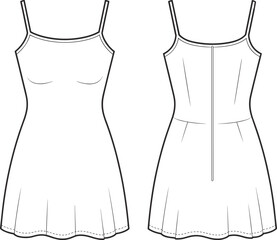 Women's A-Line Slip Dress CAD Drawing Flat Sketch Vector Illustration Fashion Technical Template Mockup Style
