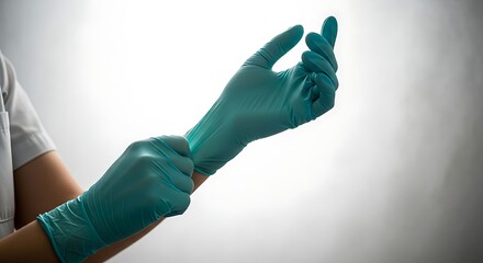 Professional Healthcare Worker Donning Bright Teal Disposable Protective Nitrile Gloves Before Beginning A Medical Examination Or Surgical Procedure In A Clean Clinical Setting