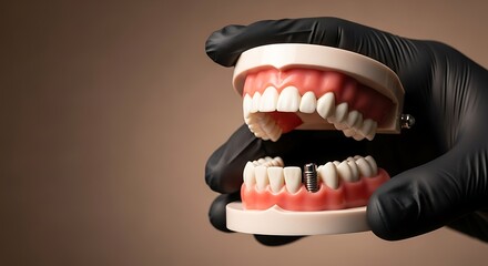Professional Hand In Black Protective Glove Demonstrating A Detailed Dental Implant Model Featuring A Titanium Screw And Healthy Gums For Advanced Dentistry Education And Oral Surgery Traini