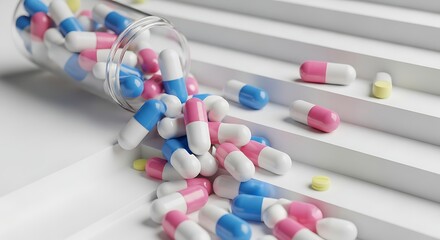 Vibrant Pink And Blue Pharmaceutical Capsules Spilling From A Clear Glass Bottle Onto A Clean White Stepped Surface Representing Modern Medicine And Advanced Healthcare Solutions