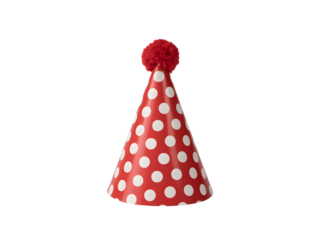 Red polka dot party hat with pom pom isolated on transparent background