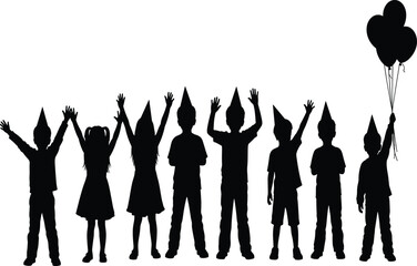 Silhouette of happy children wearing party hats with balloons, kids celebration illustration, joyful birthday event vector design art