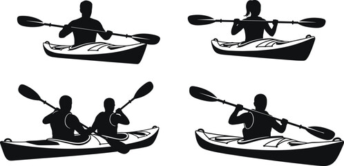 kayak, paddler, silhouette, icon, vector, black, sport, water, outdoor, gear, equipment, adventure, activity, boat, tandem