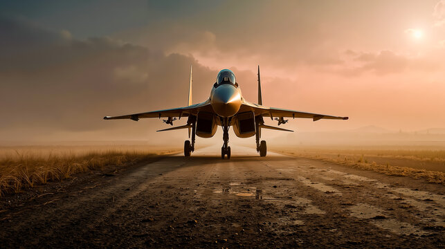 A fighter jet is on a runway at sunset