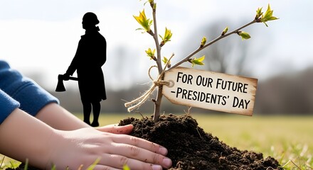 Planting a tree for presidents day with a silhouette of a soldier