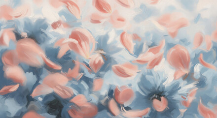 Abstract floral oil painting background with pastel peach and blue petals.