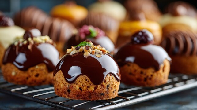 Chocolate muffins with nuts and frosting on baking rack