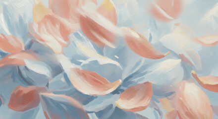 Abstract floral oil painting background with pastel peach and blue petals.