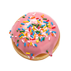 Pink glazed donut with colorful sprinkles isolated PNG — perfect for bakery branding, food packaging, dessert illustrations, and playful sweet-themed designs.