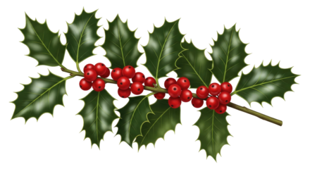 Botanical Illustration of Holly with Berries Isolated on Transparent PNG Background.