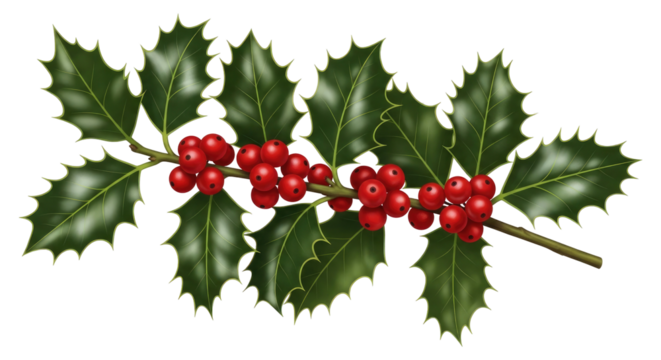 Botanical Illustration of Holly with Berries Isolated on Transparent PNG Background. - Powered by Adobe