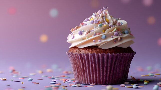 Delicious cupcake with creamy frosting and colorful sprinkles on pastel purple background, sweet dessert close-up