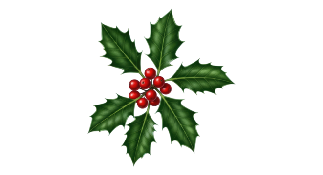 Seasonal Green Holly with Bright Red Berries Isolated on Transparent PNG Background.