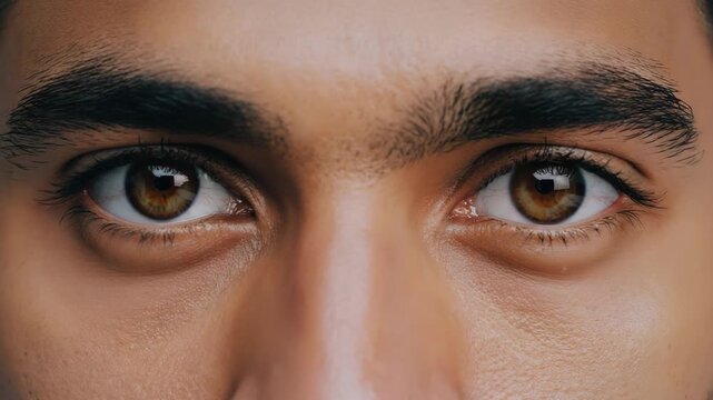Close-up shot of a pair of brown eyes, staring intently. The eyes are framed by thick eyebrows and visible skin texture, conveying a sense of focus and deep perception.
