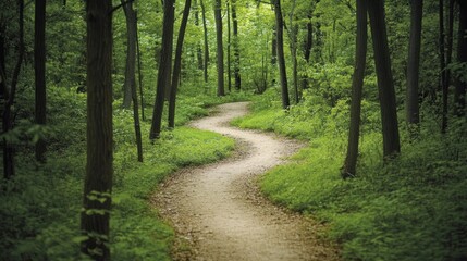 Winding dirt path through lush green forest with tall trees and vibrant foliage, inviting peaceful nature walks and tranquil exploration.